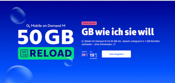 Endlos GB ♾️📲 50GB o2 Mobile Allnet-Flat + Unlimited on Demand kostenlos nachbuchbar » nur 19,99€ mtl.