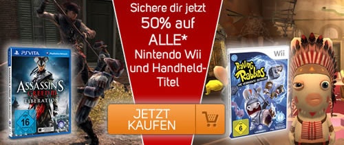 50% Rabatt auf Wii, 3DS und PSP-Spiele bei Ubisoft mit gratis PC-Game - z.B. Assassin's Creed 3 (PSV) für 25€, Just Dance 2 (Wii) für 15€