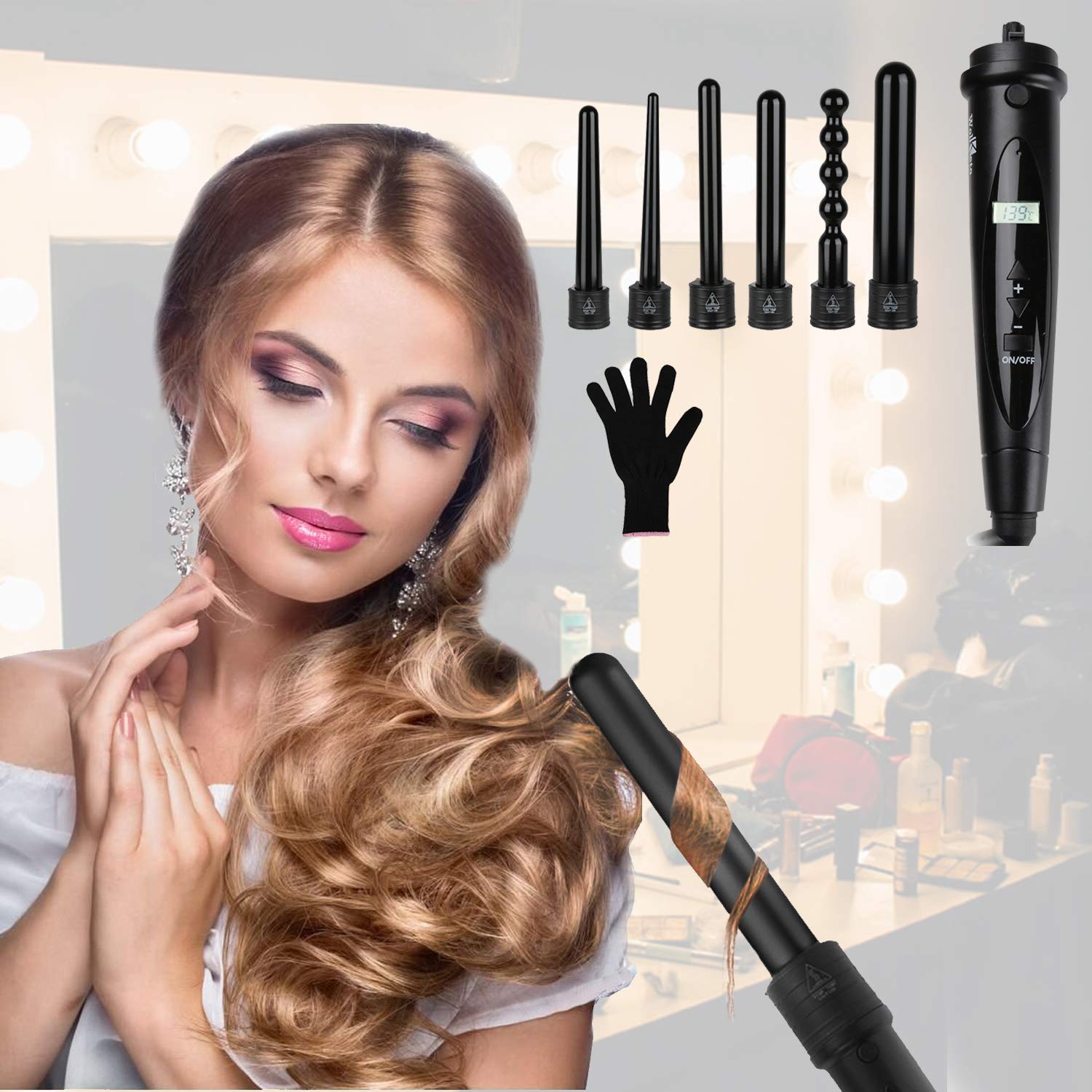 Wolketon Lockenstab 6 in 1 Lockenstäbe mit Multifunktions digitaler LCD Anzeige Lockenstab Set Temperaturregelung austauschbaren Stäben schwarz