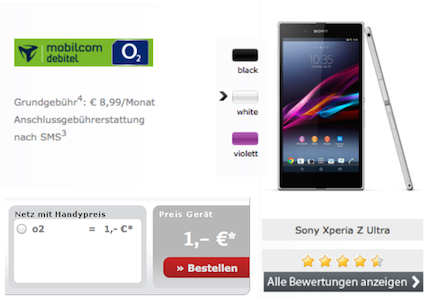 Sony Xperia Z Ultra inkl. o2 Blue Basic MD für rund 217€