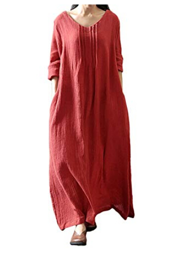Romacci Damen Beiläufige Lose Kleid Langarm Baumwolle Boho Maxi Kleid