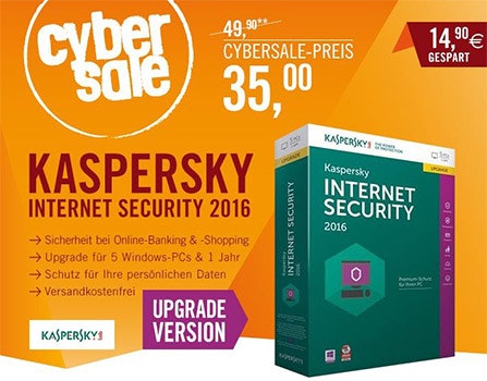 Kaspersky Internet Security 2016 UPGRADE (5 PC-User, 1 Jahr) für 35€