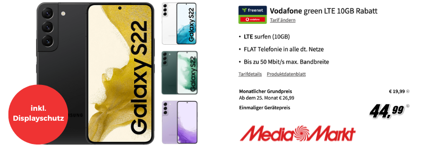 Mit gratis Displayschutz! Samsung Galaxy S22 (128GB) im Vodafone green LTE 10 für 19,99€/Monat - 10 GB Highspeed LTE50, Allnet-Flat