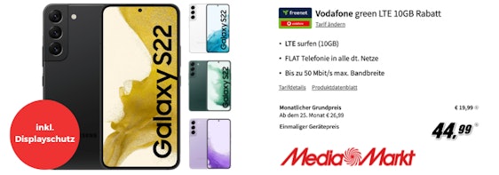 Mit gratis Displayschutz! Samsung Galaxy S22 (128GB) im Vodafone green LTE 10 für 19,99€/Monat - 10 GB Highspeed LTE50, Allnet-Flat