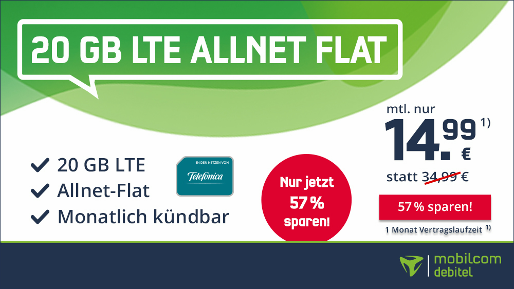 Letzte Chance! Mobilcom-Debitel Telefónica Allnet Flat für 15€/Monat zzgl. Anschlusspreis – 20GB LTE im o2-Netz, Allnet- und SMS-Flat, monatlich kündbar