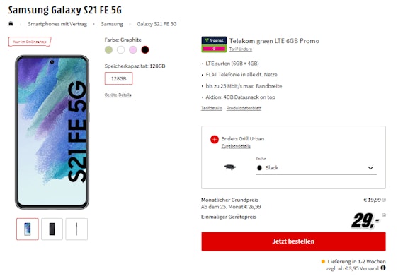 Samsung Galaxy S21 FE 5G (128 GB) + Enders Urban Gasgrill im Telekom green LTE für 21€/Monat - mit 10GB LTE & Allnet-Flat » 120€ günstiger als Idealo 🤑