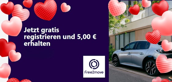 5€ Startguthaben & 5% Rückvergütung 💚 Free2Move Valentinstags-Bonus