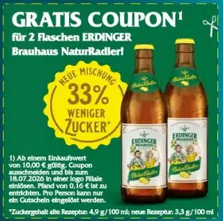 Logo Getränke (regional): 2 Flaschen Erdinger Brauhaus NaturRadler🍺 (10 € MEW)