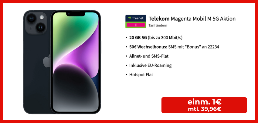 50€ Wechselbonus! Apple iPhone 14 für 1€ + Telekom Magenta Mobil M für 39,96€/Monat - 25 GB LTE, Allnet- &amp; SMS-Flat