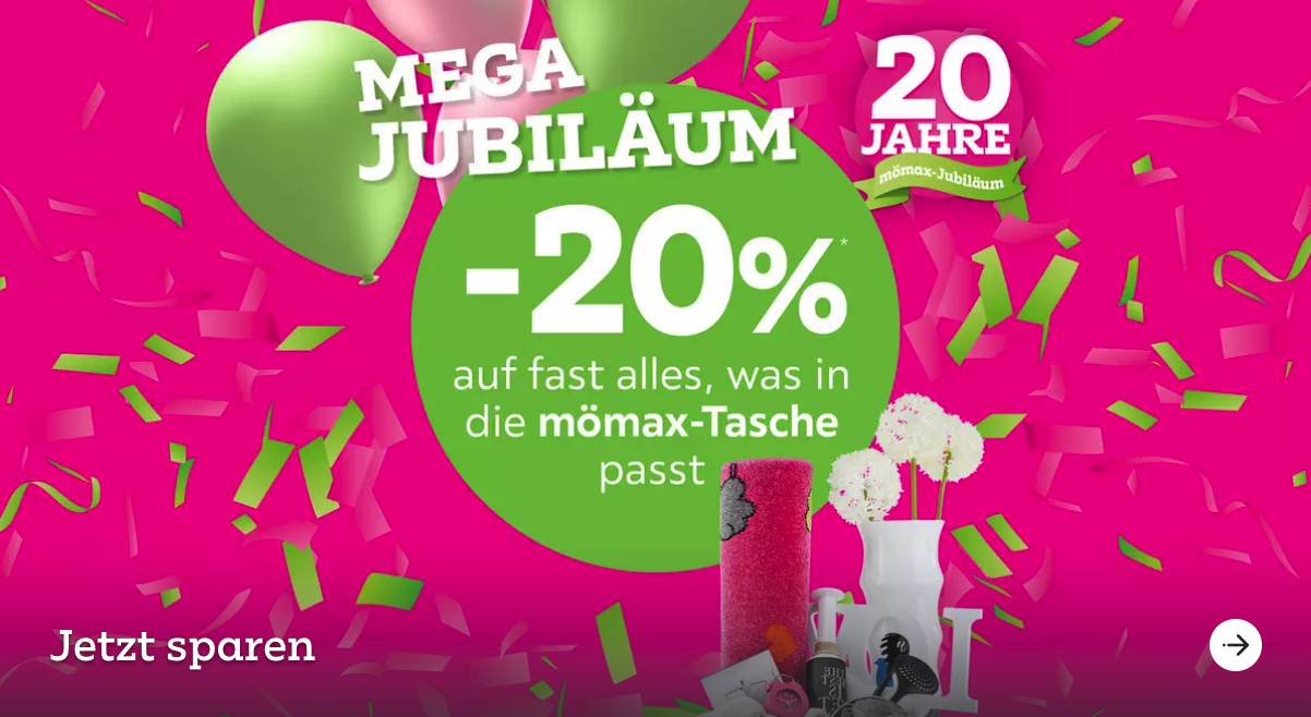 Mega Jubiläum bei mömax 🤩 - 20% auf fast alles, was in die mömax-Tasche passt 👀