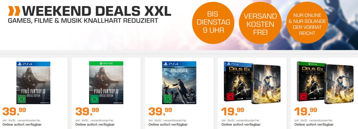 Saturn Weekend Deals - z.B. Final Fantasy XV Special Edition (PS4/Xbox One) für je 40€