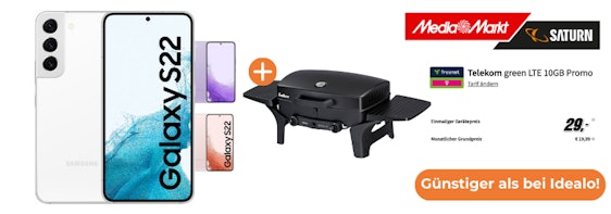 Jetzt mit gratis Grill! Samsung Galaxy S22 für 29€ + Telekom green LTE Promo für 19,99€/Monat - 10 GB LTE & Allnet-Flat im besten Netz