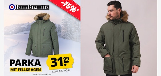 Lambretta Herren Parka für 37€ - mit Fellkragen, Utility-Taschen