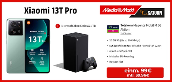 Eff. GRATIS 🔥 Xiaomi 13T Pro (1TB) + gratis Xbox Series X im 20GB Telekom-Allnet für 39,96€ mtl.