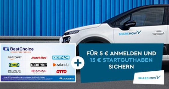 Nur noch heute! Share Now: 15€ Startguthaben + 5€ Bonus – einmalig nur 5€ für die Registrierung