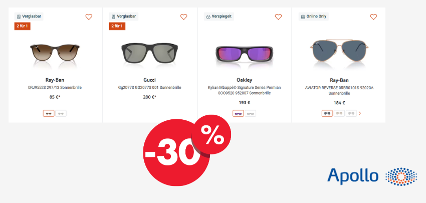 Sonnenbrille aufsetzen &amp; sparen! 🕶️ 30% Rabatt auf Sonnenbrillen bei Apollo 