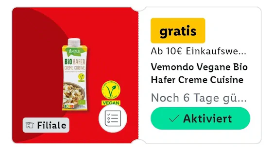 Gratis Vemondo vegane Bio Hafercreme Cuisine in der App