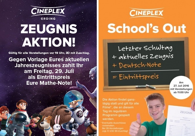 Zeugnisaktion: Deutsch- oder Mathe-Note = Eintrittspreis bei Cineplex