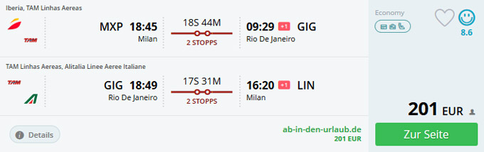 Error Fare Brasilien! Hin- und Rückflug von Mailand nach Rio de Janerio für 201€