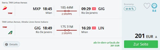 Error Fare Brasilien! Hin- und Rückflug von Mailand nach Rio de Janerio für 201€