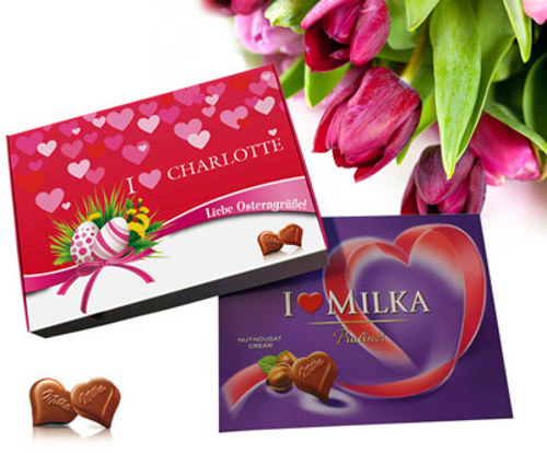 Selbst gestaltete original Milka-Osterboxen für 150g für 9,90€ oder 250g für 14,90€ bei personalgifts.de