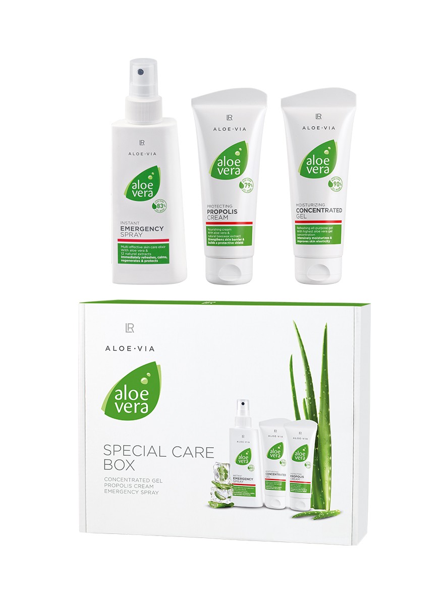 Aloe Vera SOS - Pflege - Box | Gelkonzentrat | Propolis Creme | Notfallspray