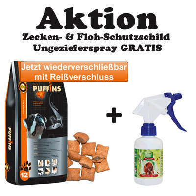 Floh- und Zeckenschutz GRATIS zu jder 12 kg Packung Puffins Adult Hundefutter