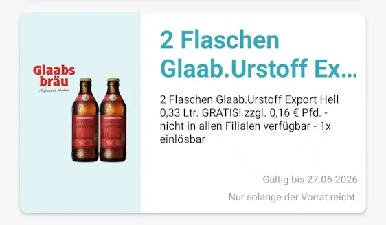 Gratis 2 Flaschen Glaab Urstoff Export hell in der Logo App (regional)
