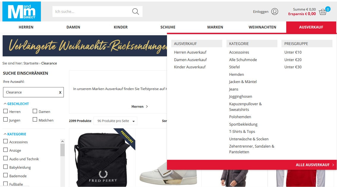 MandMdirect Ausverkauf Rubriken