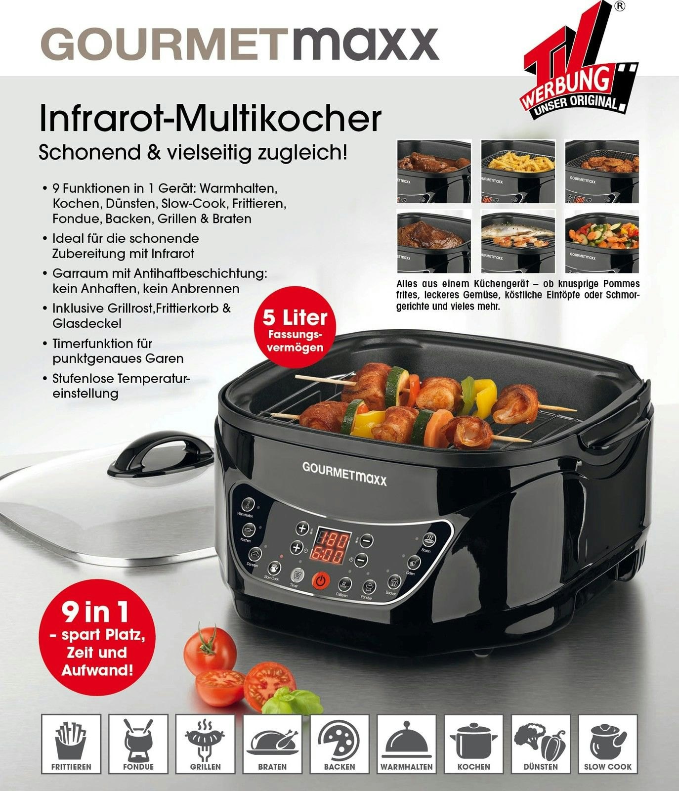 Gourmetmaxx Thermo Multikocher 9 In 1 Rezepte GOURMETmaxx Multikocher Infrarot 9in1 mit Grillrost und Frittierkorb B-Ware