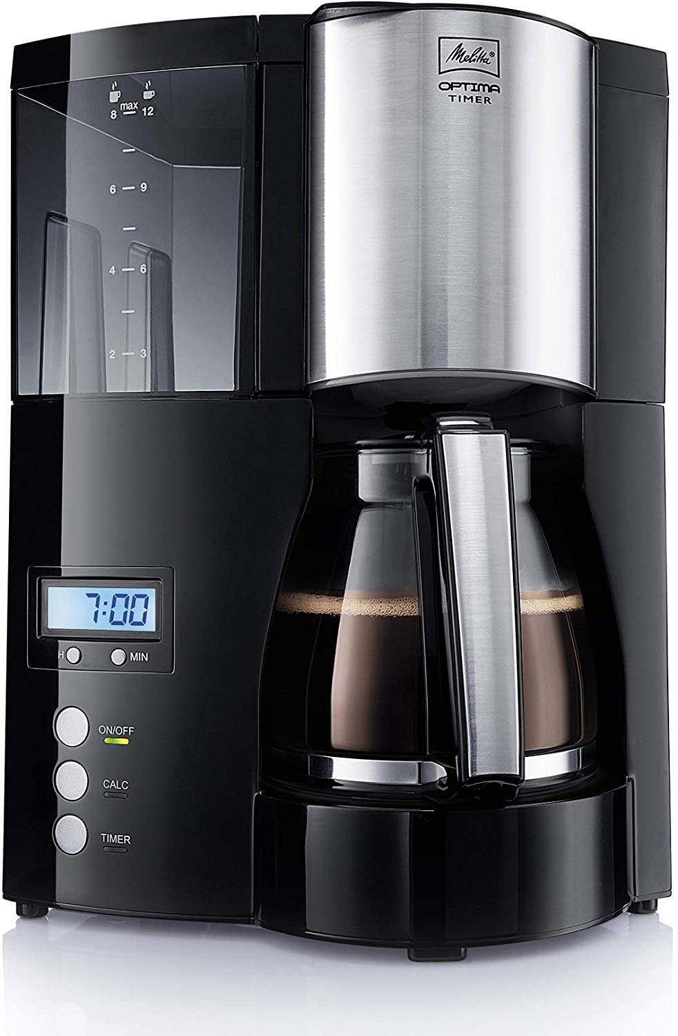 Melitta Optima Timer 100801 bk, Filterkaffeemaschine mit Glaskanne und Timer-Funktion, Abnehmbarer Wassertank