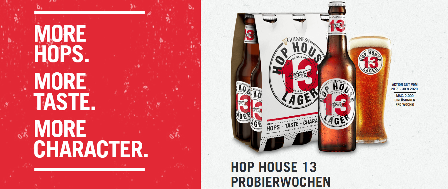 Sixpack Guinness Hop House 13 Lager gratis testen – dank Geld-zurück-Garantie (GzG)