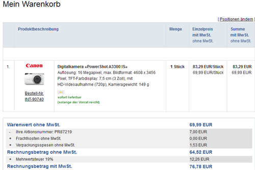 Canon Powershot A3300 IS für 77€ - kompakte Digitalkamera