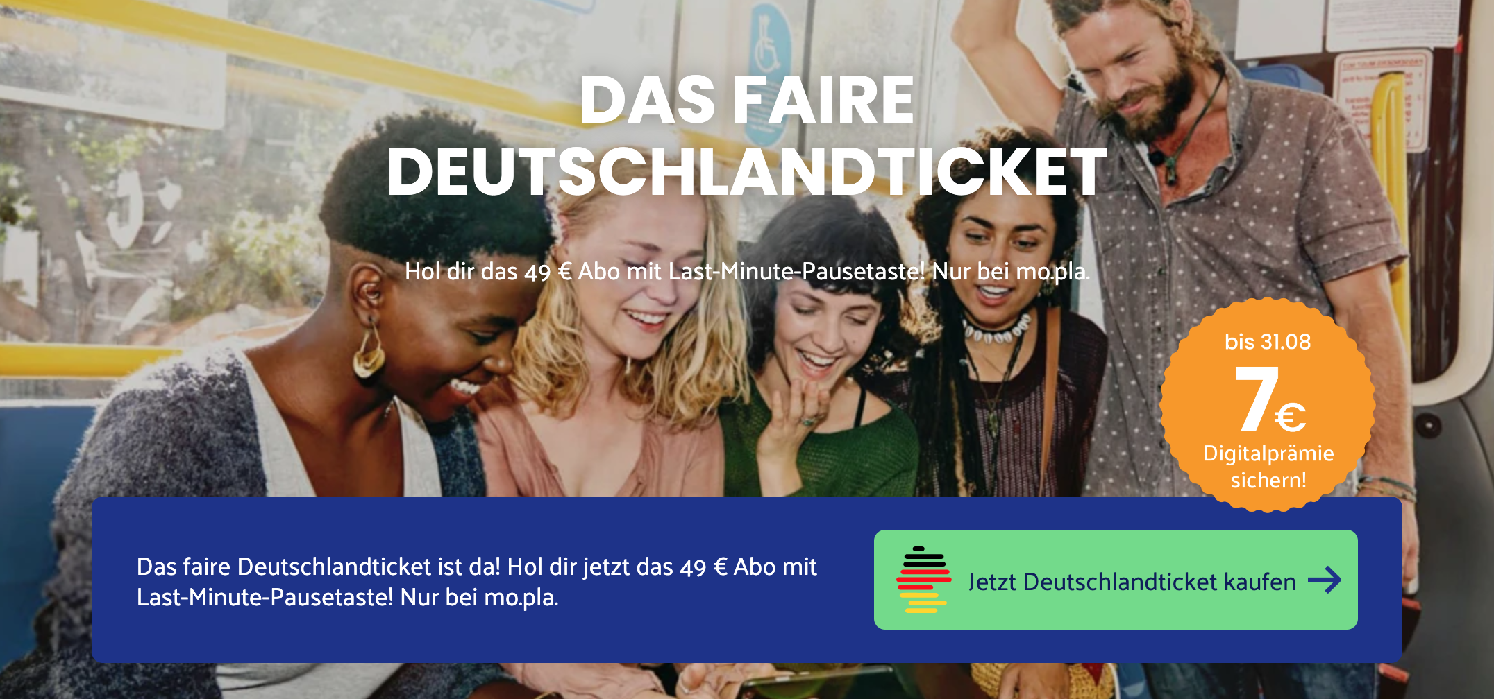 Endet heute! 7€ Rabatt auf das erste Deutschlandticket bei mo.pla - Abo mit Last-Minute-Pausetaste