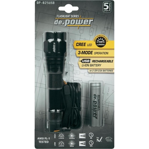 LED Taschenlampe de.power DP-025USB für 22,44 EUR [5 Jahre Garantie]
