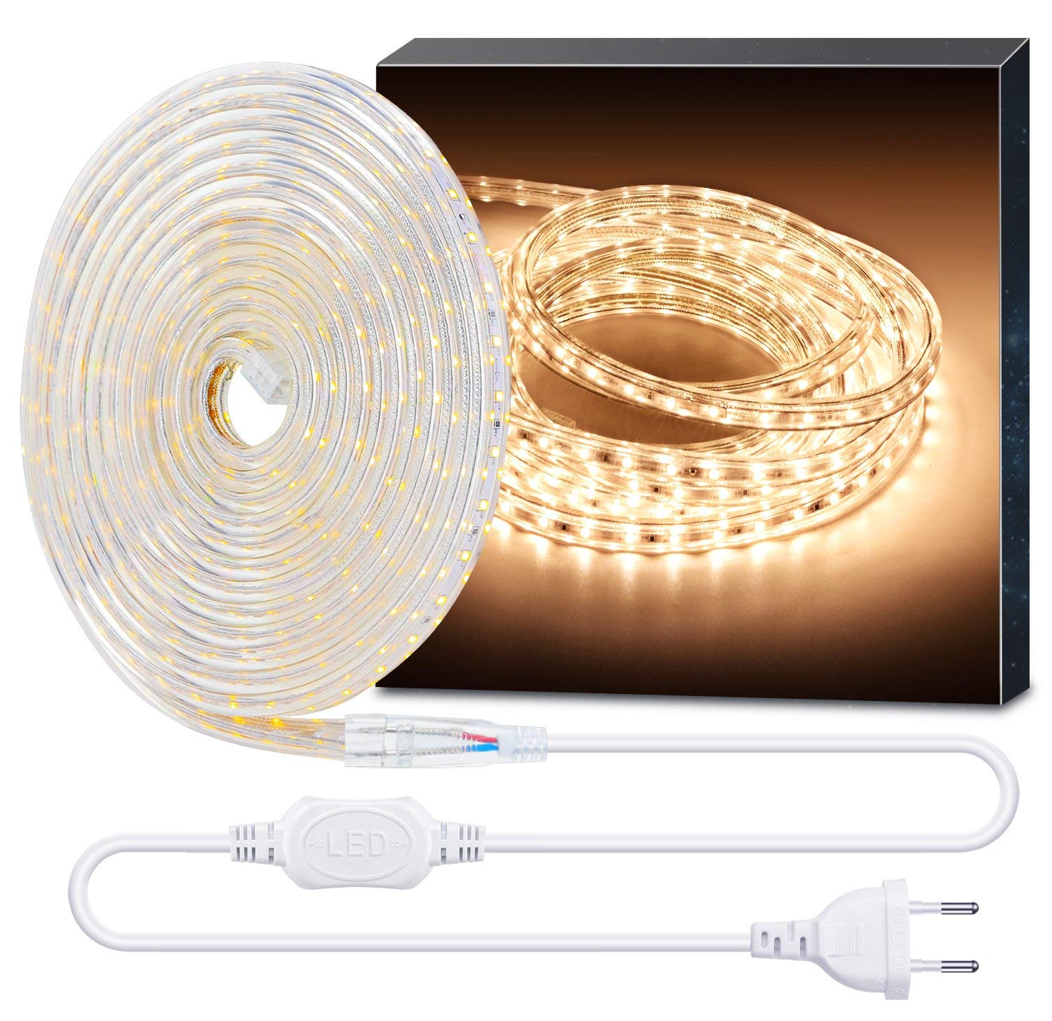 10m LED Streifen, wasserdicht 210V-240V, 3000K warmweiss