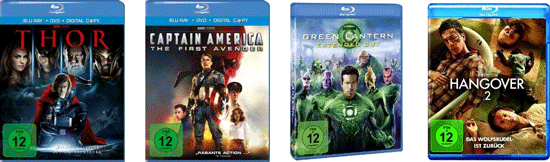 4 Blu-Rays für 30€ - z.B. Thor, Captain America, Green Lantern und Hangover 2 für 30€