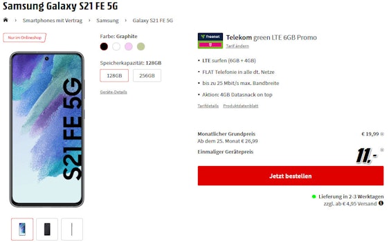 Samsung Galaxy S21 FE 5G (128 GB) im Telekom green LTE 6GB für 22€/Monat – 6 GB LTE, Allnet- & SMS-Flat, EU-Roaming