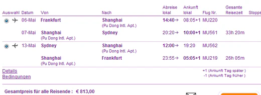 Für 832€ nach Australien: Frankfurt - Sydney mit China Eastern