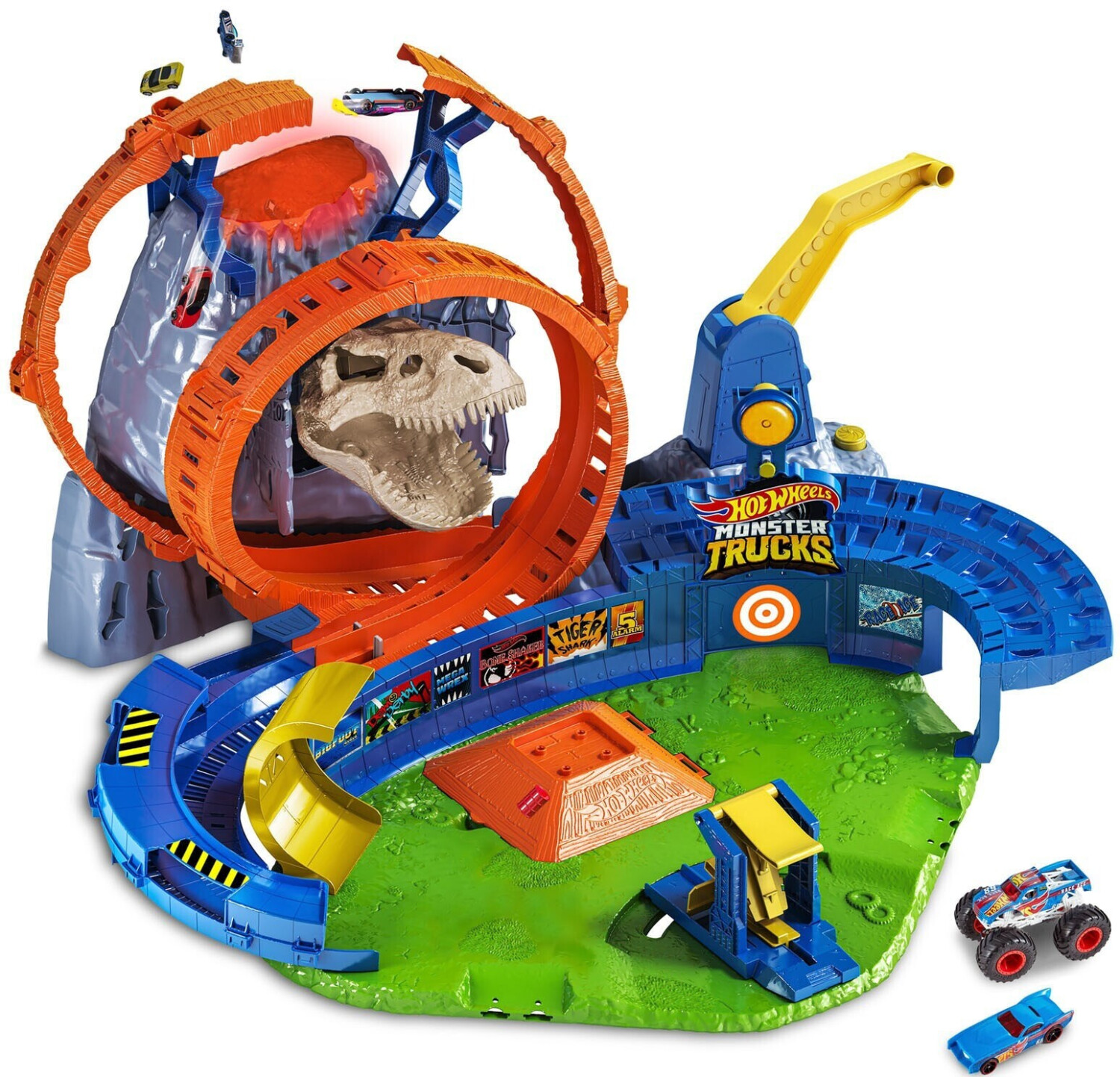 Hot Wheels GYL14 für 58€ – Monster Trucks T-Rex Vulkanarena-Spielset mit Lichtern und Geräuschen