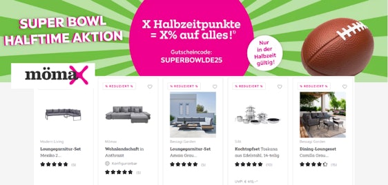 Superbowl-Spartag bei mömax - Halbzeit-Rabatt, bis zu 50% sparen, mit Gutscheincode