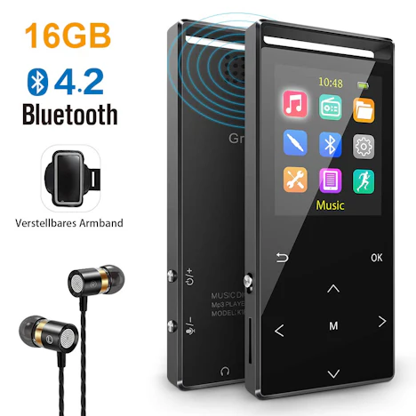 MP3 Player, 16GB Mp3 Player mit Bluetooth, Sports Armband, FM, FM-Recorder, Line-In Recorder, HiFi, Schrittzähler, Zufallswiedergabe, Sleep-Timer