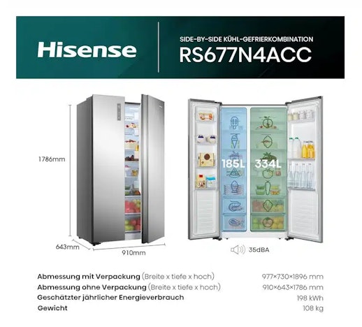 Hisense RS677N4ACC Side by Side Kühl-Gefrierkombination (179cm, 519 Liter Gesamtvolumen, EEK: C) für 621,84€ statt 729€