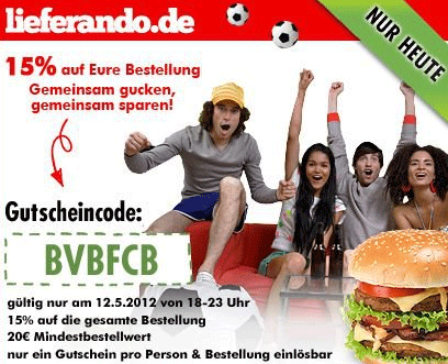 15% Rabatt auf die Bestellung (20€ MBW) - Lieferando - nur heute!