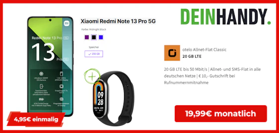 📱 Xiaomi Redmi Note 13 Pro 5G für einm. 4,95€ im 20 GB otelo Allnet-Flat Classic für 19,99€/Monat 📱