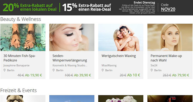 20% Rabatt auf lokale Deals und 10% Rabatt auf Reisedeals bei Groupon