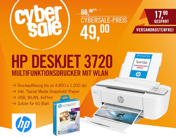 HP Deskjet 3720 + selbstklebendes Fotopapier für 49€