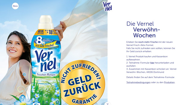 Vernel Weichspüler gratis testen - dank Geld-zurück-Garantie