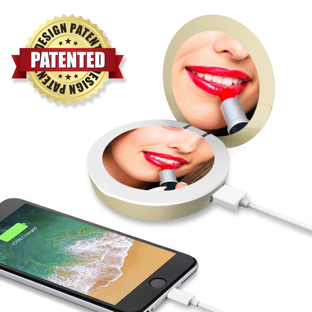 Powerbank Spiegel für Frauen Geschenke - OrimeCharger PB76m 1600mAh Mini Externer Akku, Faltbar Schminkspiegel mit LED Beleuchtung (Gold)