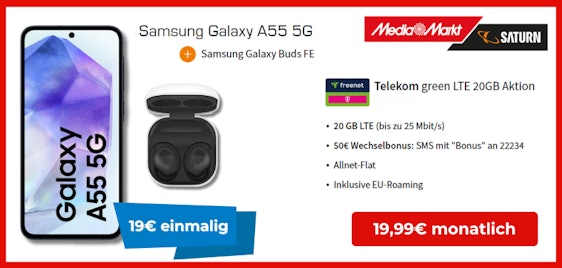 Effektiv GRATIS 👉 Samsung Galaxy A55 5G & Galaxy Buds FE für einmalig 19€ im 20 GB Telekom-Tarif für 19,99€/Monat